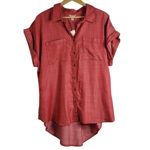 Cato Women Button Top Pink 18-20W Short Sleeve Cuff Pocket Collar High-Low NWT